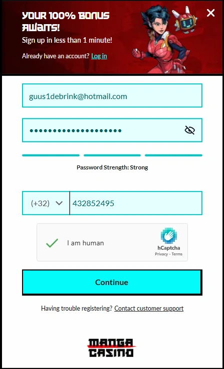Formulaire d'inscription Manga Casino